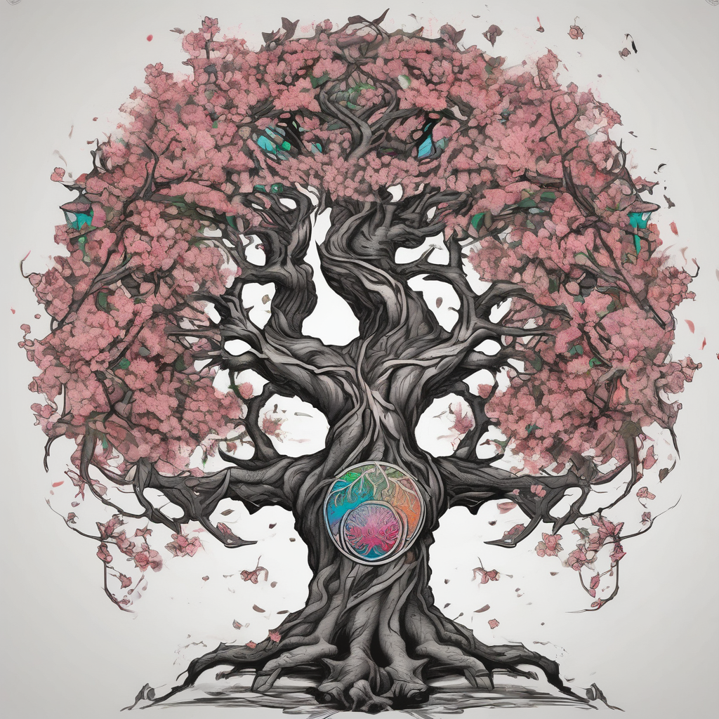 Tattoo dans le dos, yggdrasil et quelques éléments en plus, 5 ou 6 feuilles de cerisier en couleur, le logo de tommorowland vers les racines, une forme géométrique à l'arrière plan du tatouage carcass-logo, diseño de tatuaje Boceto generado con IA