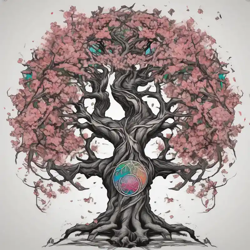 Tattoo dans le dos, yggdrasil et quelques éléments en plus, 5 ou 6 feuilles de cerisier en couleur, le logo de tommorowland vers les racines, une forme géométrique à l'arrière plan du tatouage carcass-logo
