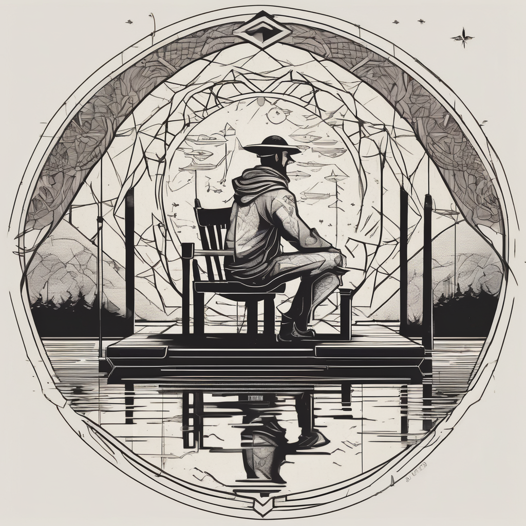 Man with halo sitting in chair on dock fishing in a pond from a distance, AI-generated Geometric tattoo design