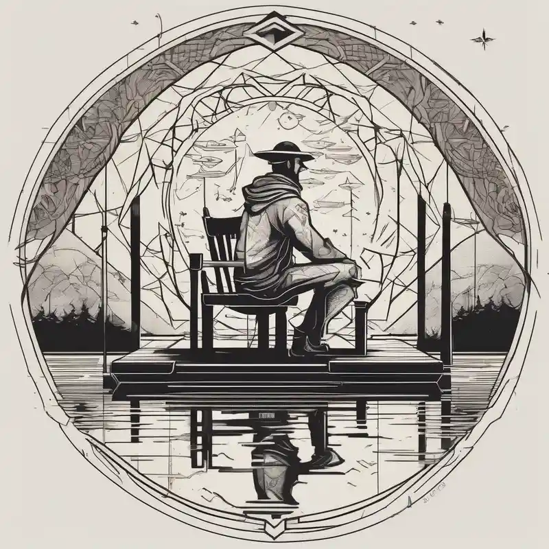 Man with halo sitting in chair on dock fishing in a pond from a distance – Geométrico, Colores vivos