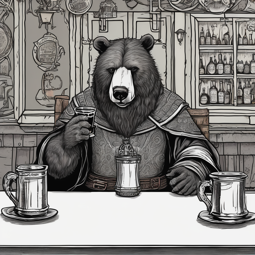 a medieval bear-human hybrid with a long beard wearing a tunic and coif and drinking from a pewter mug in a tavern, sitting in a chair, smiling, diseño de tatuaje Realista generado con IA