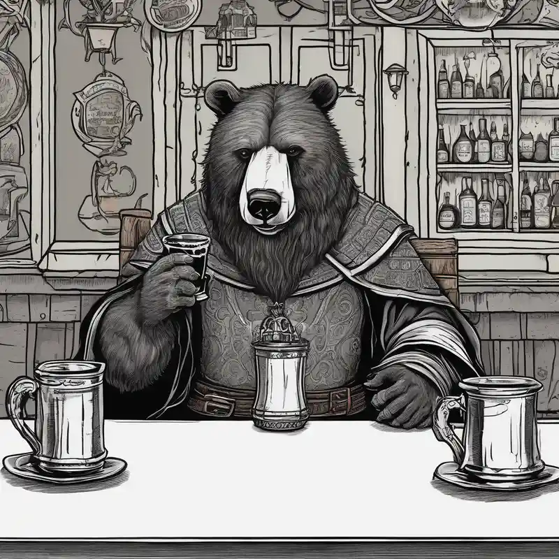 realistic style Ideas de tatuajes de silla en 2025 about a medieval bear-human hybrid with a long beard wearing a tunic and coif and drinking from a pewter mug in a tavern and sitting in a chair