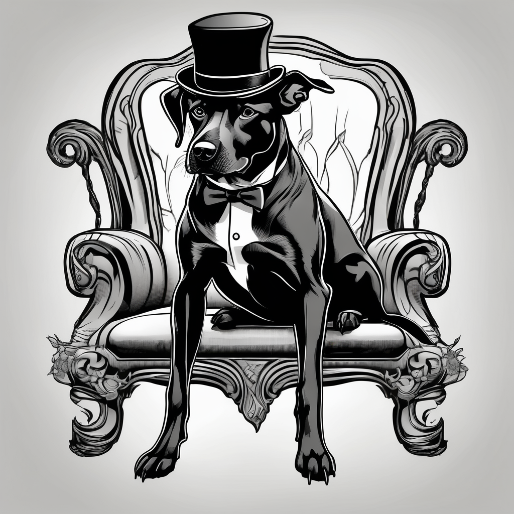 Black dog in a suit is sitting on a chair in a hat, diseño de tatuaje Old school generado con IA