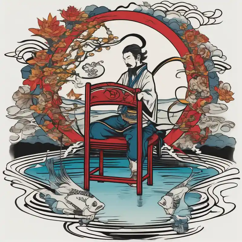 Man with halo sitting in chair on dock fishing in a pond from a distance
