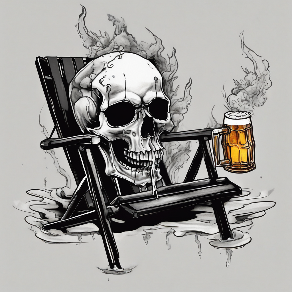 Skull smoke on the beach sitting in a beach chair with a beer in its hand, diseño de tatuaje Acuarela generado con IA