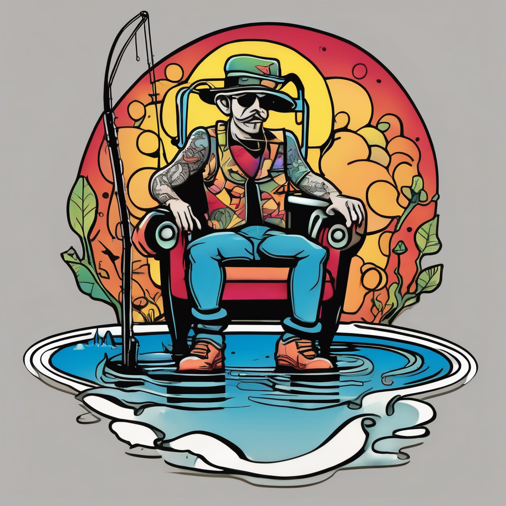 Man with halo sitting in chair fishing in a pond from a distance, AI-generated Cartoon tattoo design
