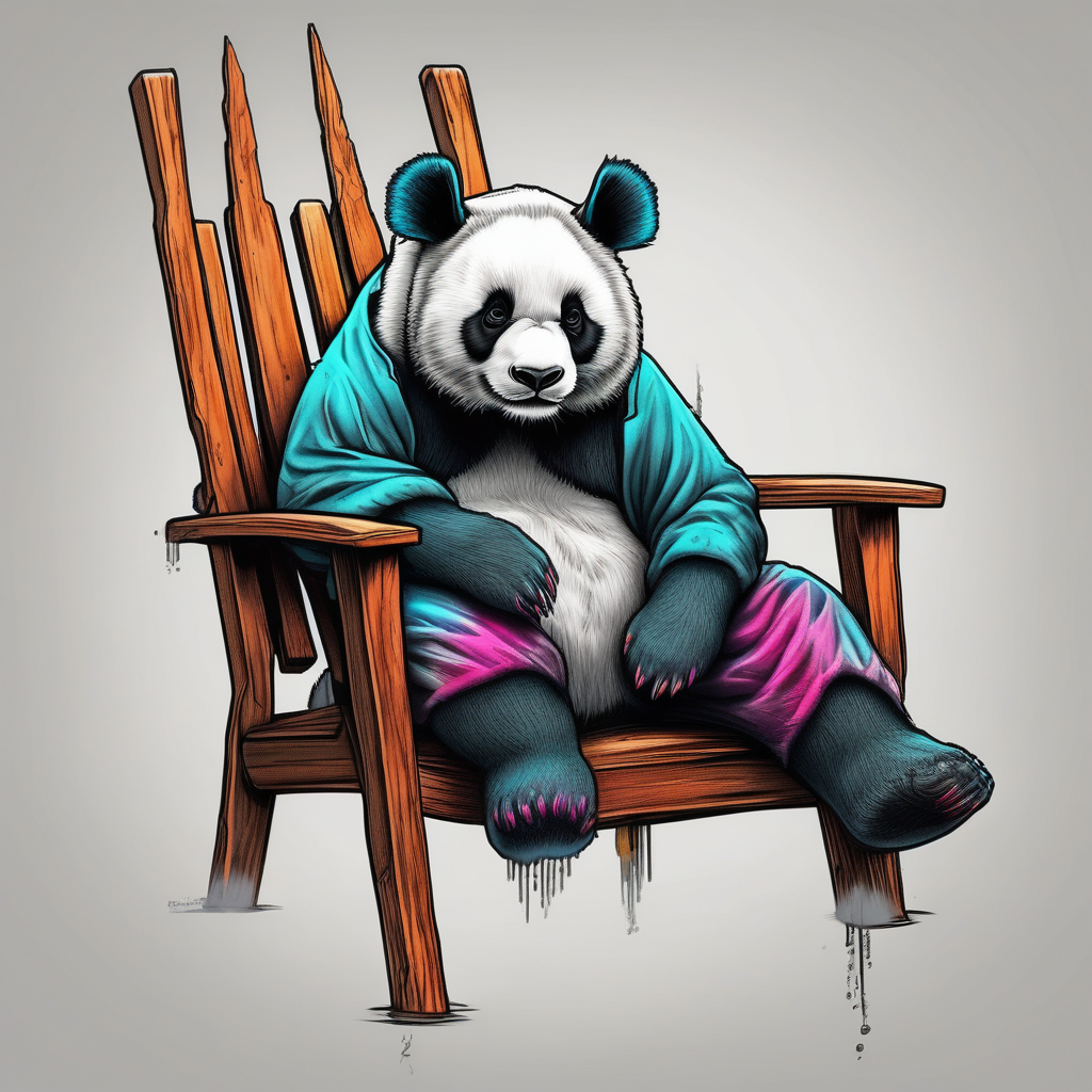 A panda hanging over a small wooden chair, while exhaling like its finally done with a big task, diseño de tatuaje Realista generado con IA
