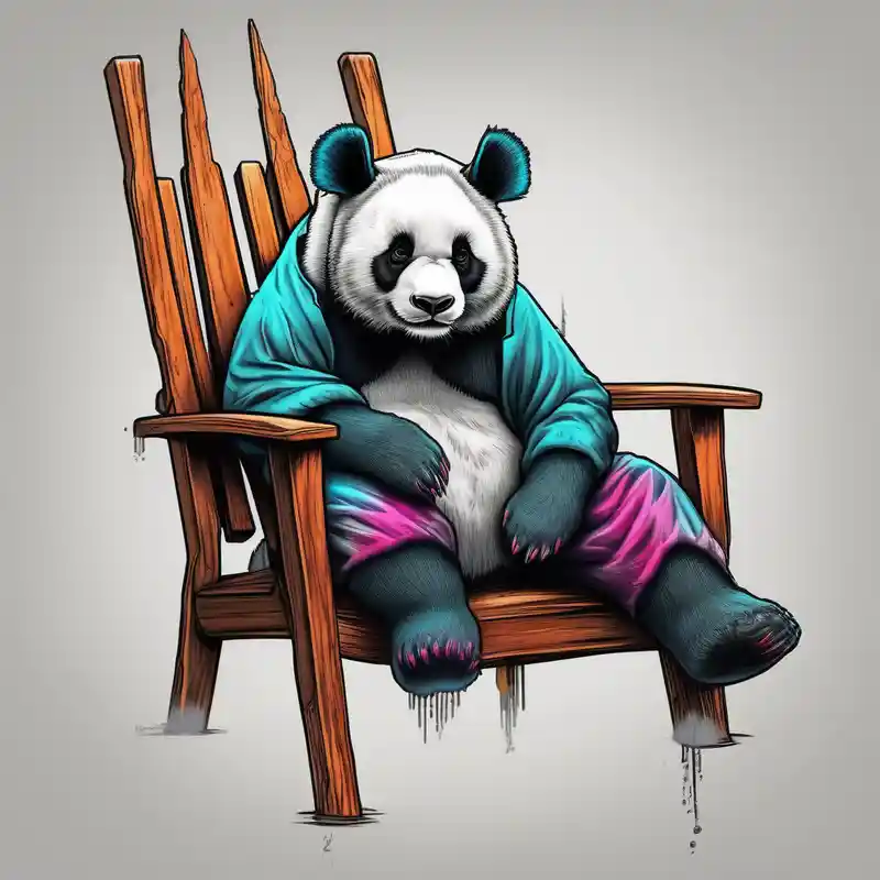 A panda hanging over a small wooden chair, while exhaling like its finally done with a big task – Realista, Colores vivos