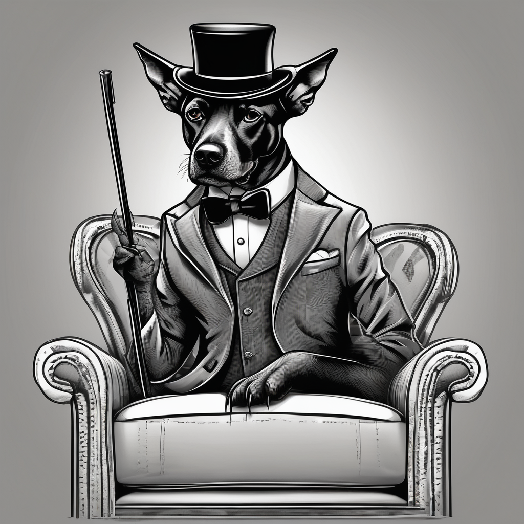 Black dog in a suit is sitting on a chair in a hat with a cane, diseño de tatuaje Blanco y negro generado con IA