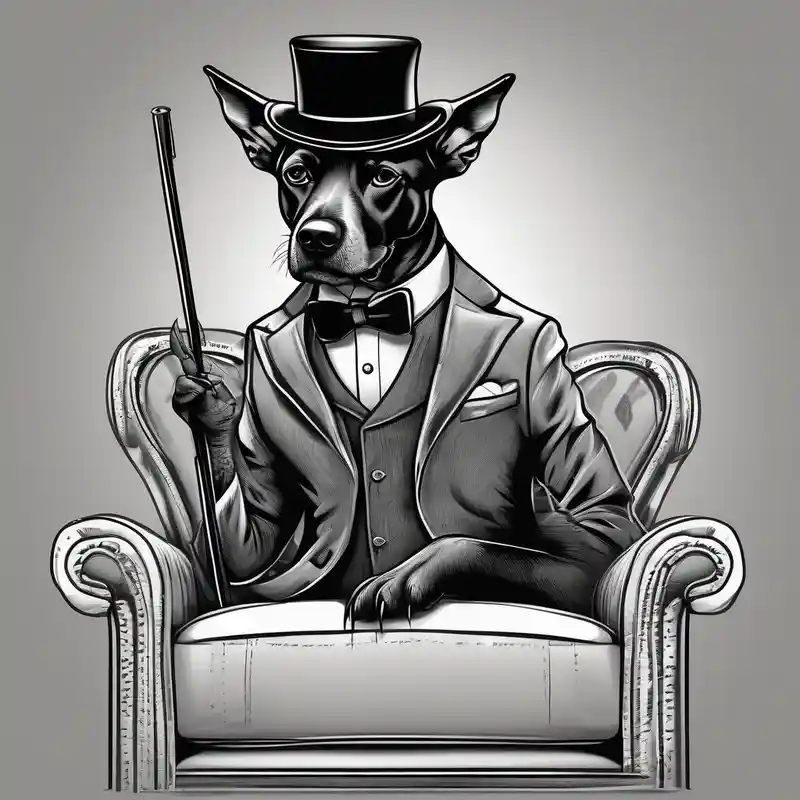 black and white style Ideas de tatuajes de silla en 2025 about Black dog in a suit is sitting on a chair in a hat with a cane and Black dog in a suit is sitting on a chair in a hat with a cane