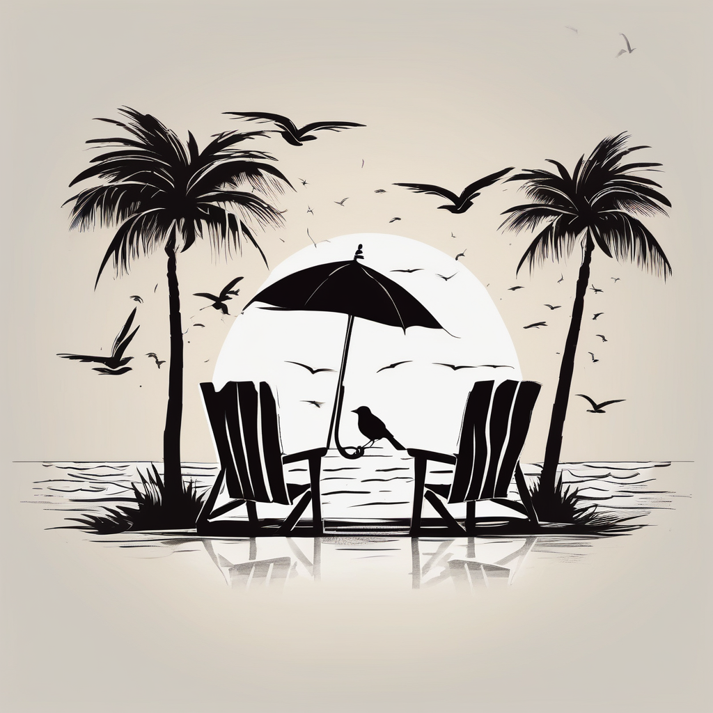 Beach scene with 2 chairs and umbrella and palm tree with bird silhouettes in the sky, diseño de tatuaje Minimalista generado con IA