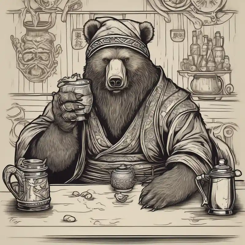 japanese style Ideas de tatuajes de silla en 2025 about a bear-human hybrid with a long beard wearing a tunic and Phrygian cap and drinking from a pewter mug in a tavern and sitting in a chair