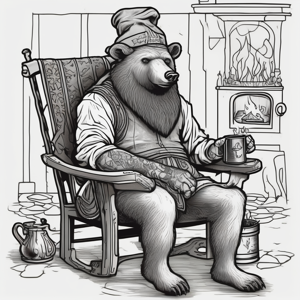 a bear-human hybrid with a long beard wearing a tunic and Phrygian cap, sitting in a chair by a hearth, drinking from a wooden mug, smiling, drunk, reed cheeks, diseño de tatuaje Old school generado con IA