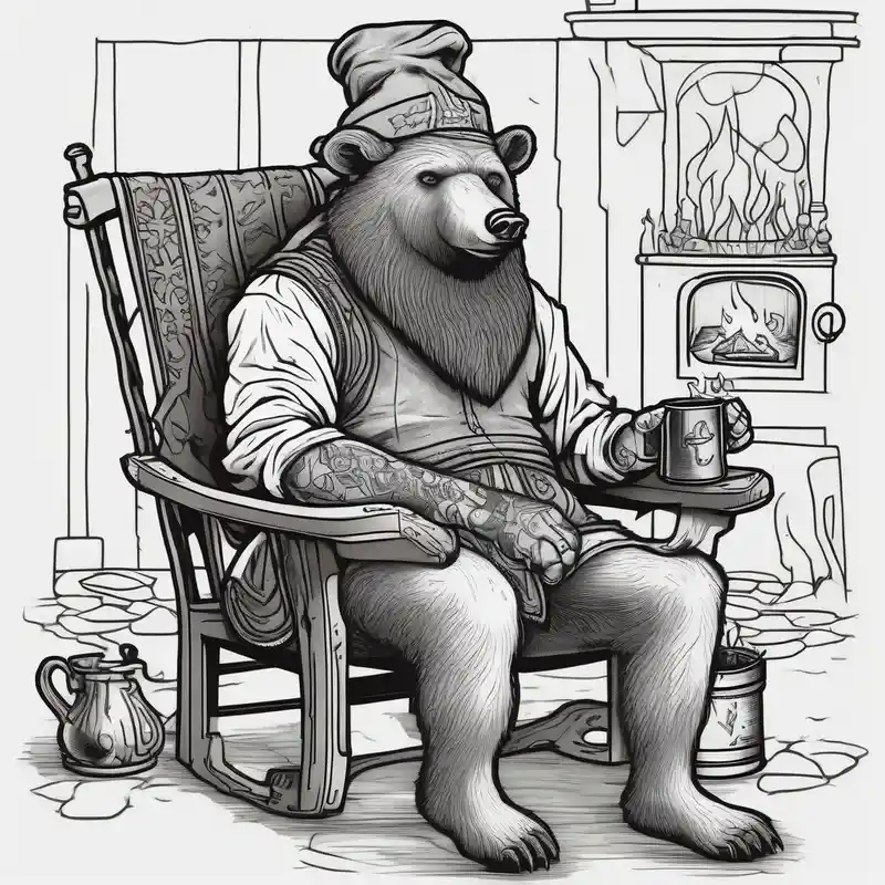 old school style Ideas de tatuajes de silla en 2025 about a bear-human hybrid with a long beard wearing a tunic and Phrygian cap and sitting in a chair by a hearth