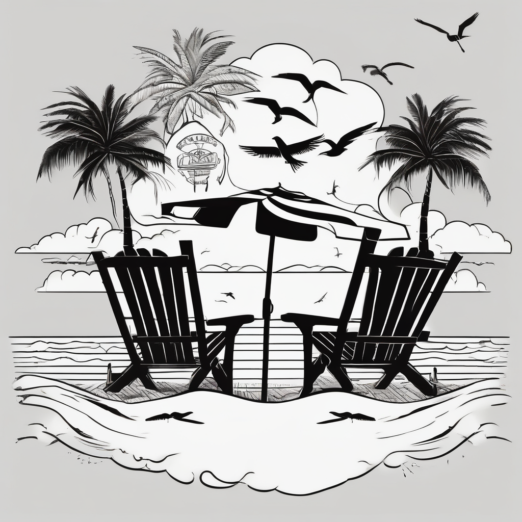 Beach scene with 2 chairs and umbrella and palm tree with bird silhouettes in the sky, design de tatouage Blackwork généré par IA