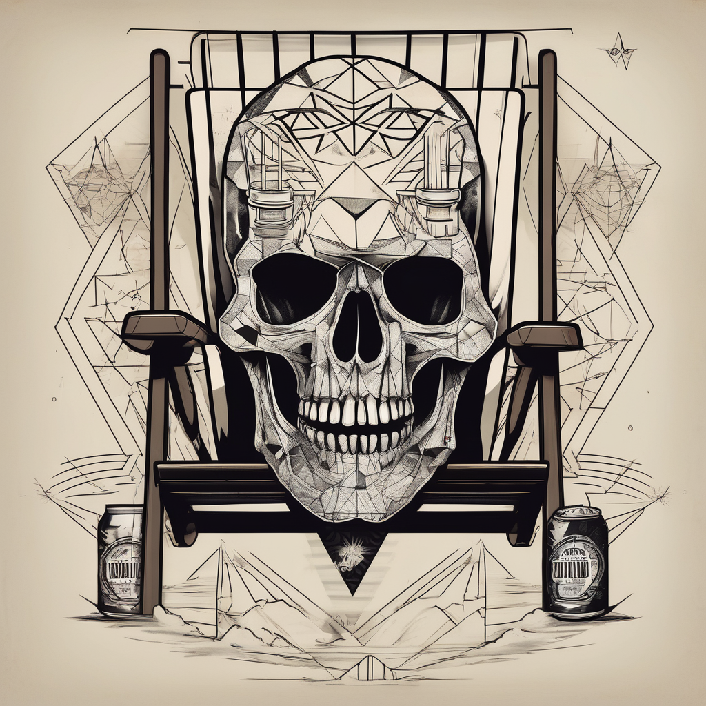 Skull body smoke on the beach sitting in a beach chair with a beer in its hand, design de tatouage Géométrique généré par IA