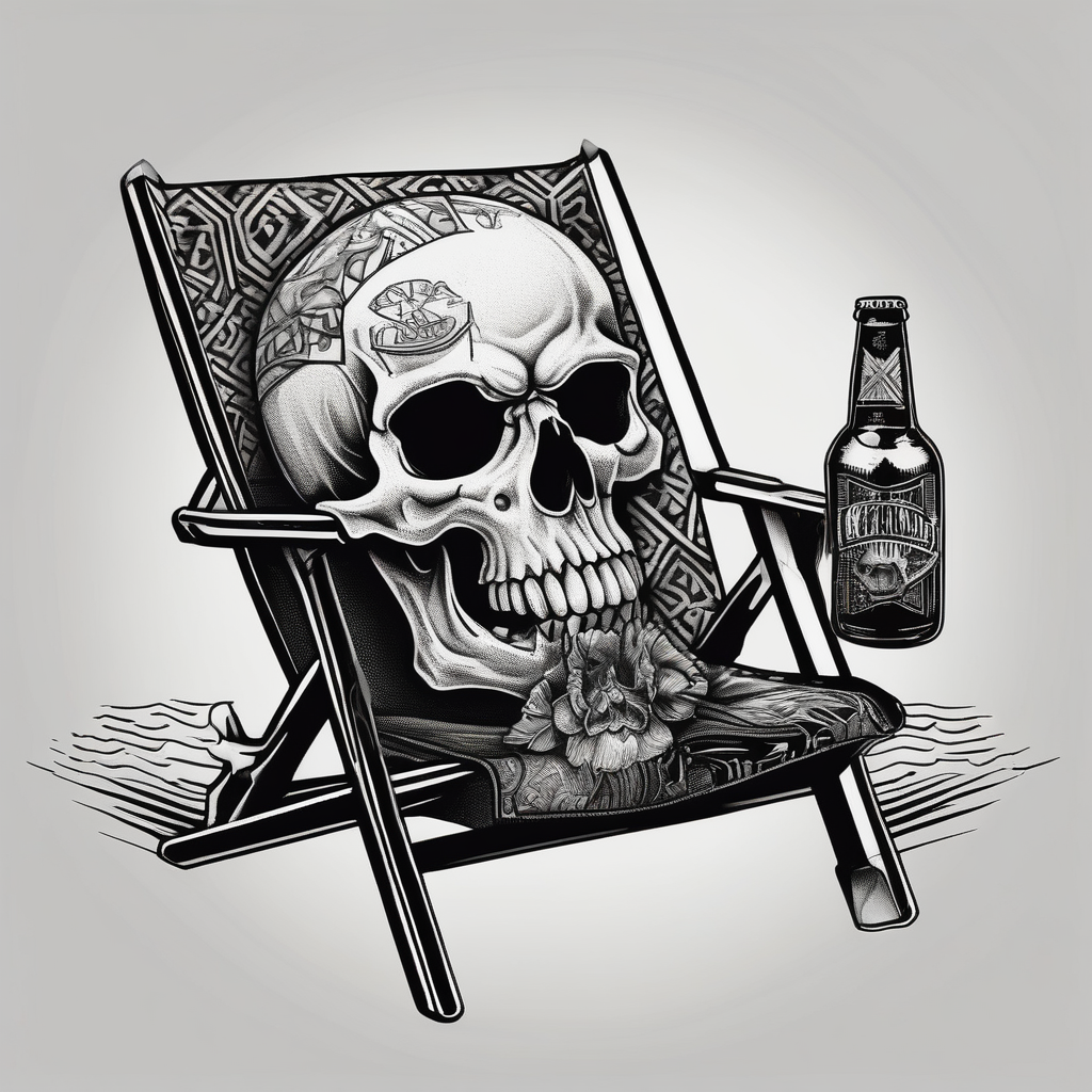 Skull body smoke on the beach sitting in a beach chair with a beer in its hand, design de tatouage Blackwork généré par IA