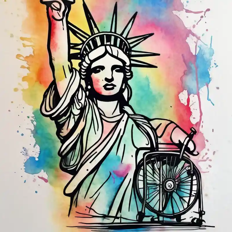 watercolor style Ideas de tatuajes de silla en 2025 about Statue of Liberty handcuffed in a wheel chair and Statue of Liberty handcuffed in a wheel chair