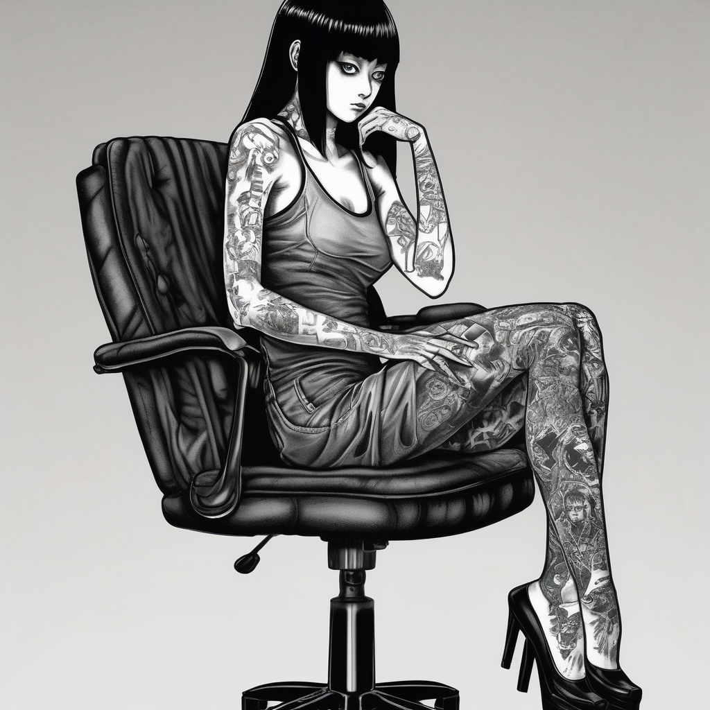Portrait of tomie sitting on a chair. Tomie is a character of the autor junji ito, diseño de tatuaje Blanco y negro generado con IA