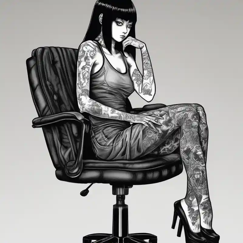 black and white style Ideas de tatuajes de silla en 2025 about Portrait of tomie sitting on a chair. Tomie is a character of the autor junji ito and Portrait of tomie sitting on a chair. Tomie is a character of the autor junji ito