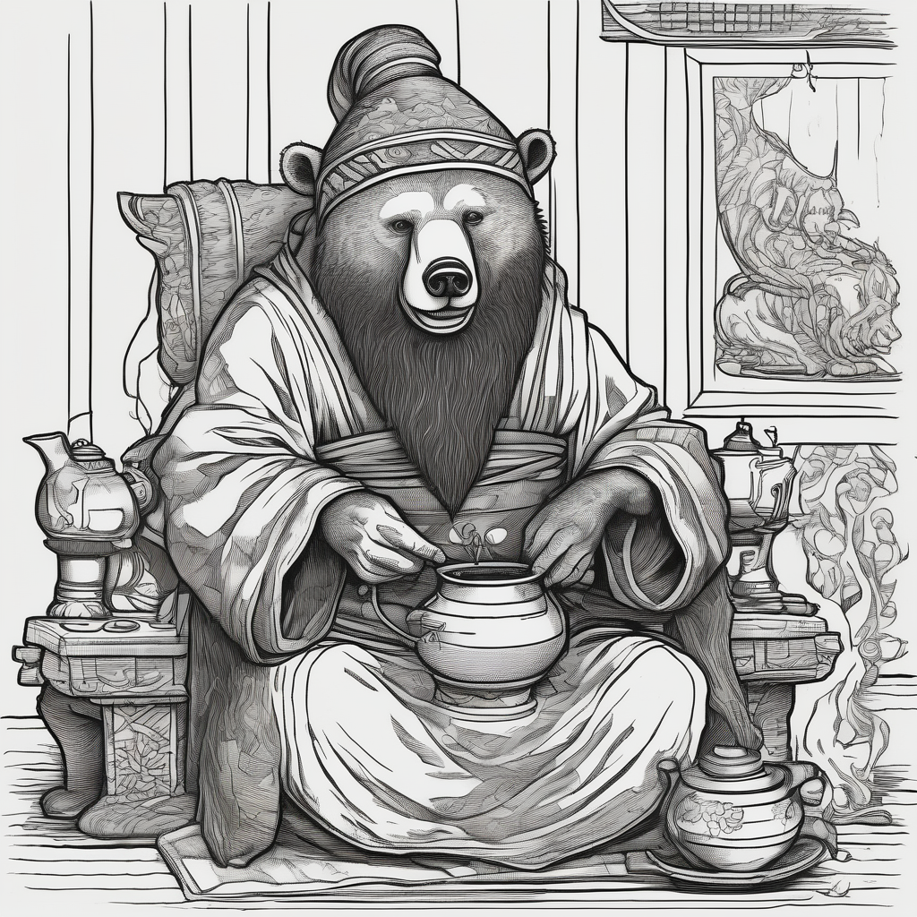 a bear-human hybrid with a long beard wearing a tunic and Phrygian cap, sitting in a chair by a hearth, drinking from a wooden mug, smiling, drunk, reed cheeks, diseño de tatuaje Japonés generado con IA