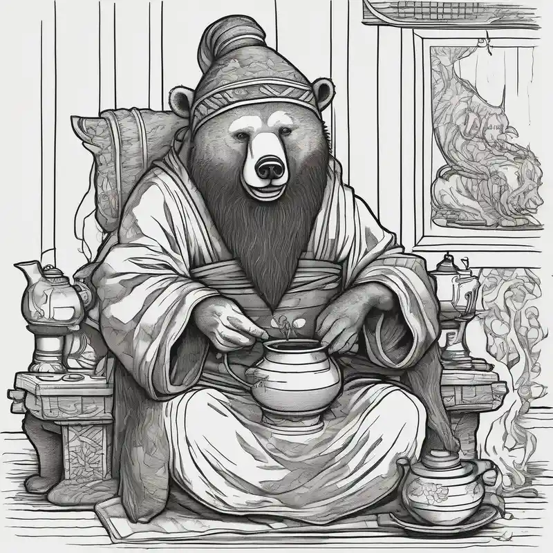 japanese style Ideas de tatuajes de silla en 2025 about a bear-human hybrid with a long beard wearing a tunic and Phrygian cap and sitting in a chair by a hearth
