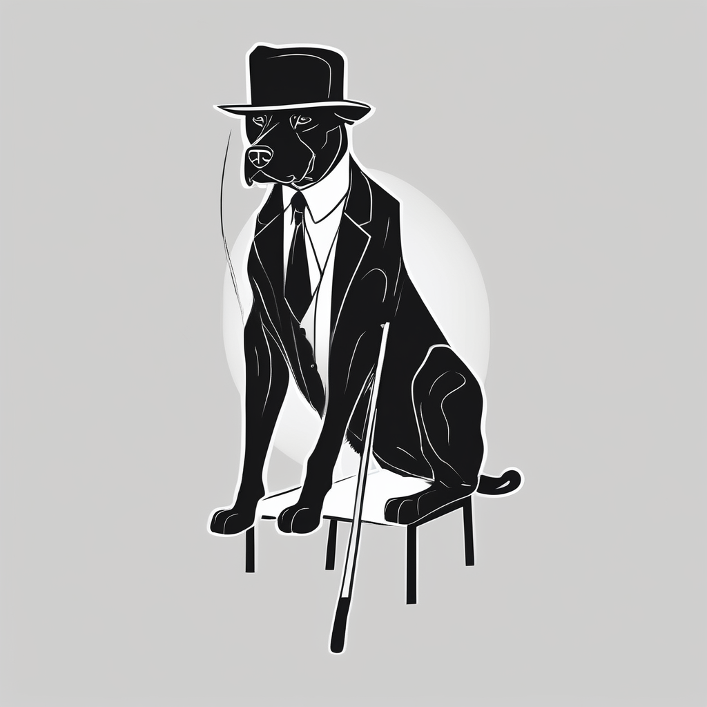 Black dog in a suit is sitting on a chair in a hat with a cane, diseño de tatuaje Minimalista generado con IA