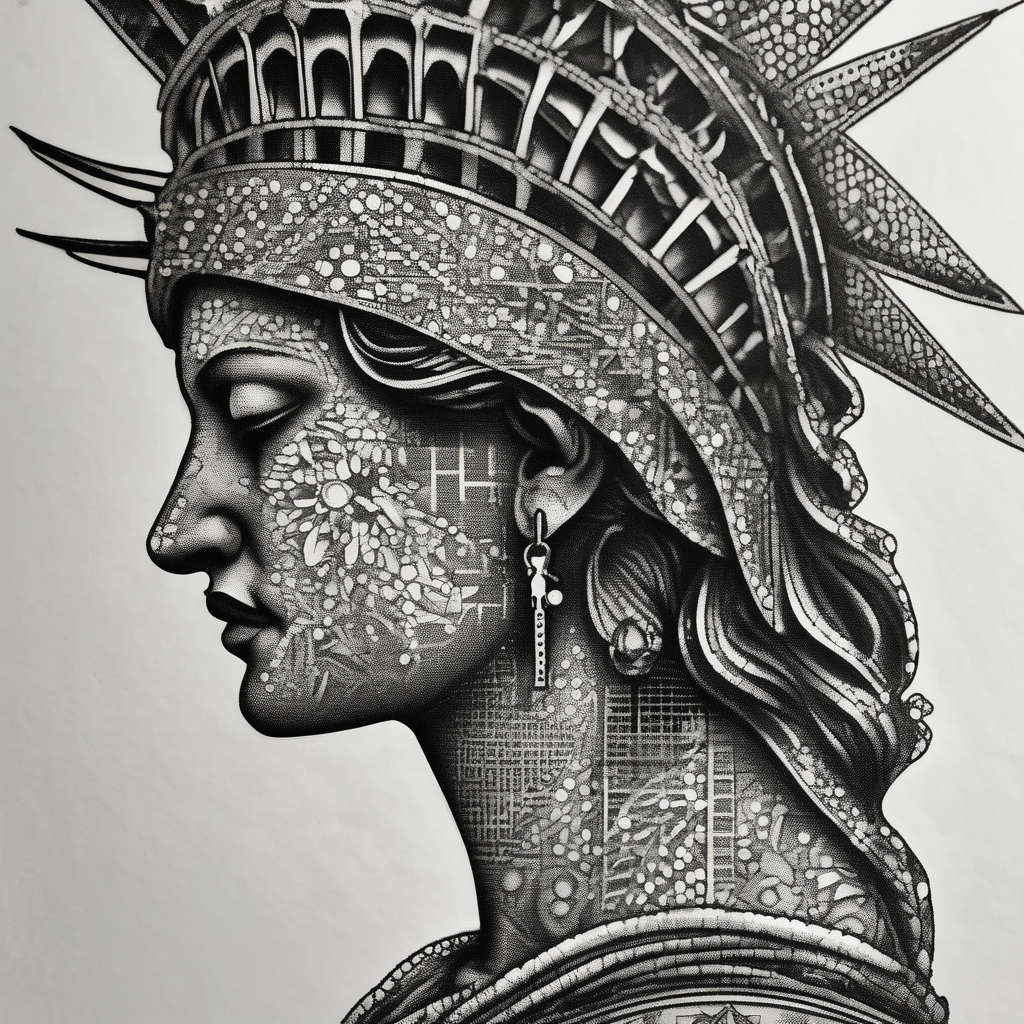 Statue of Liberty handcuffed in a wheel chair, diseño de tatuaje Dotwork generado con IA