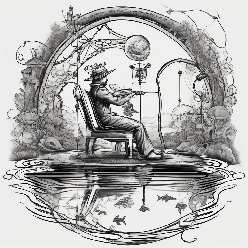 Man with halo sitting in chair fishing in a pond from a distance, AI-generated Surreal tattoo design