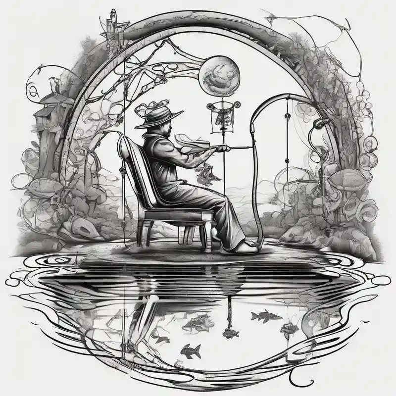 surreal style Ideas de tatuajes de silla en 2025 about Man with halo sitting in chair fishing in a pond from a distance and Man with halo sitting in chair fishing in a pond from a distance