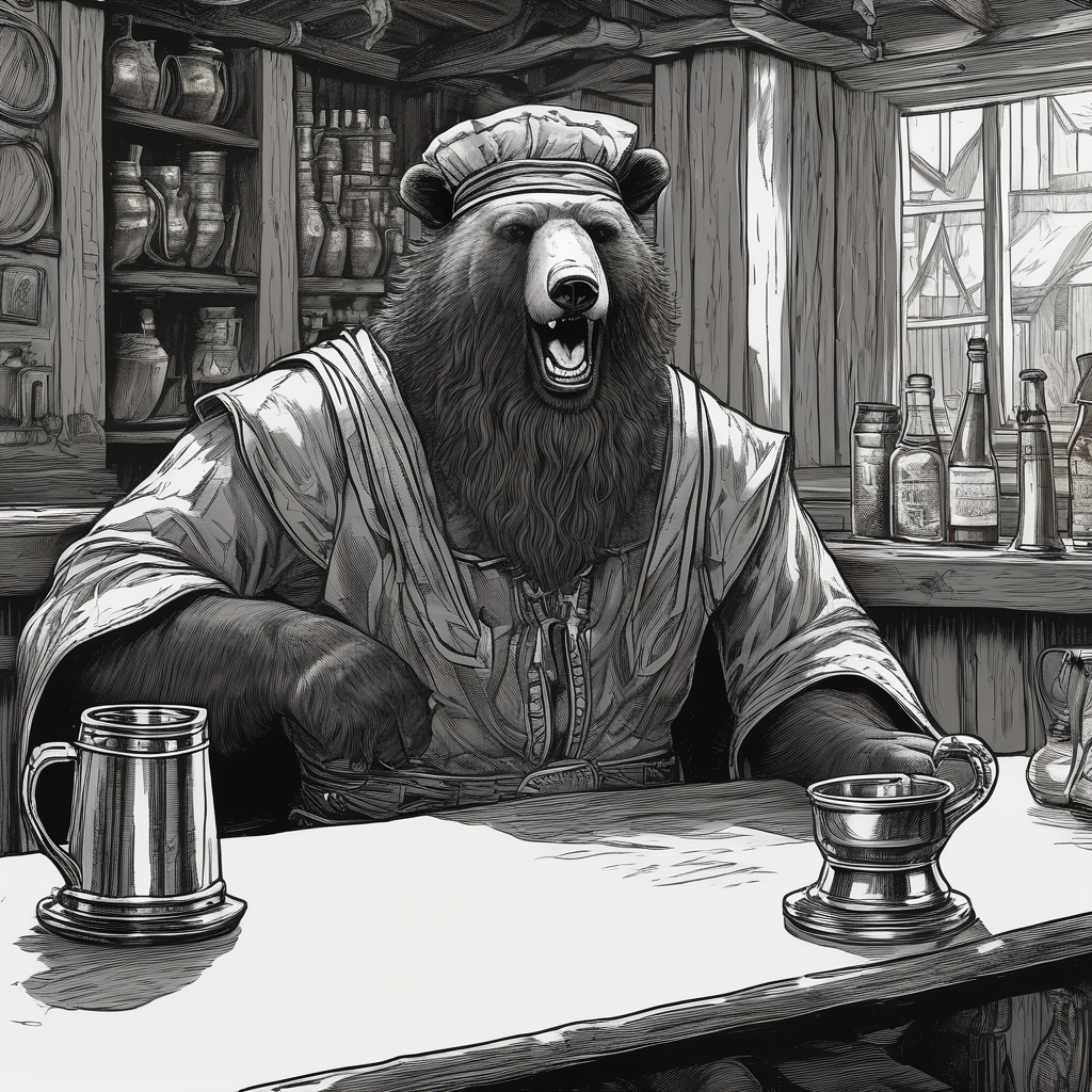 a bear-human hybrid with a long beard wearing a tunic and Phrygian cap and drinking from a pewter mug in a tavern, sitting in a chair, laughing, diseño de tatuaje Blanco y negro generado con IA