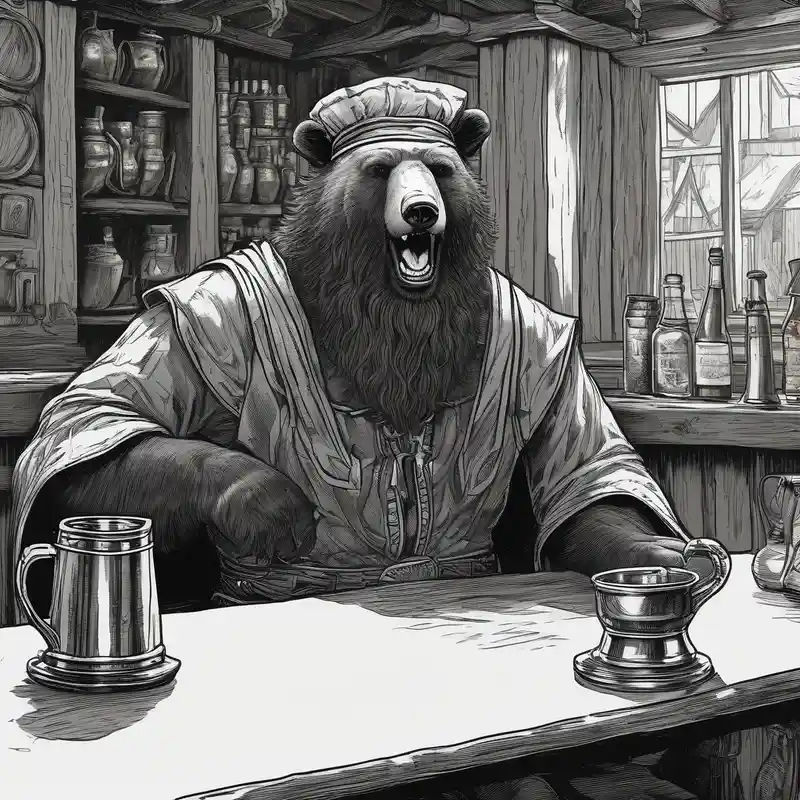 black and white style Ideas de tatuajes de silla en 2025 about a bear-human hybrid with a long beard wearing a tunic and Phrygian cap and drinking from a pewter mug in a tavern and sitting in a chair