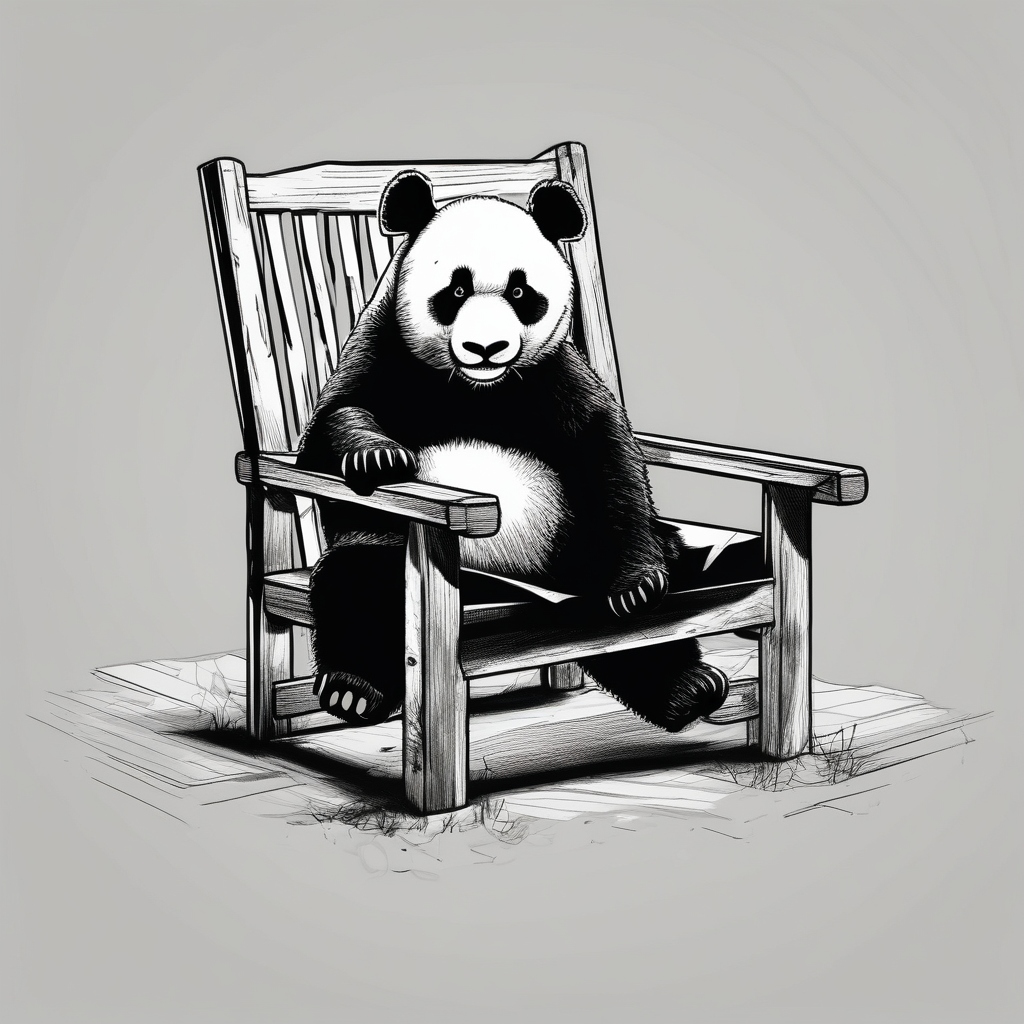 A panda hanging over a small wooden chair, while exhaling like its finally done with a big task, diseño de tatuaje Boceto generado con IA