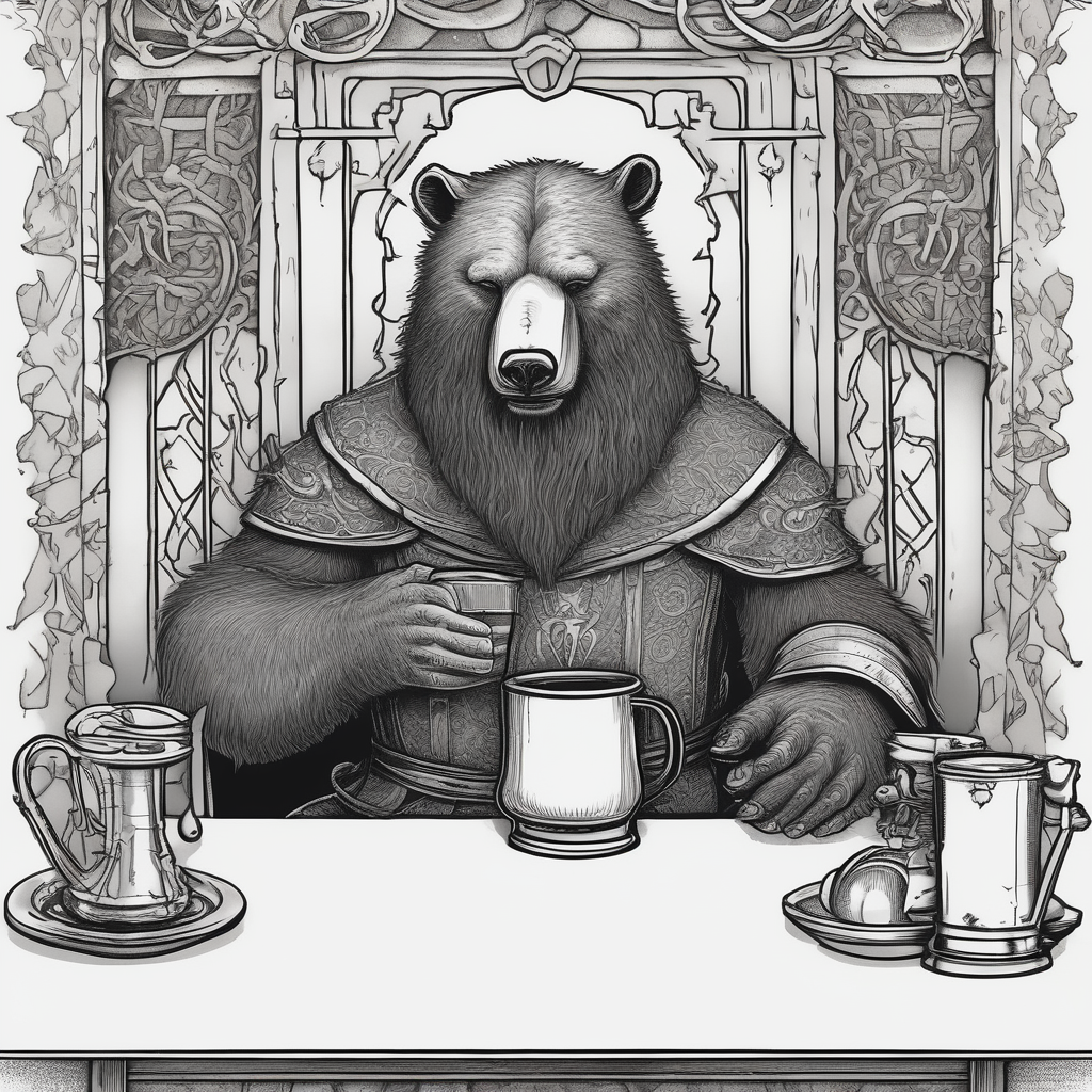 a medieval bear-human hybrid with a long beard wearing a tunic and coif and drinking from a pewter mug in a tavern, sitting in a chair, smiling, diseño de tatuaje Blackwork generado con IA