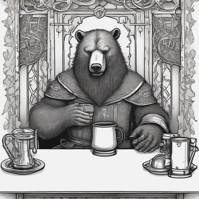 blackwork style Ideas de tatuajes de silla en 2025 about a medieval bear-human hybrid with a long beard wearing a tunic and coif and drinking from a pewter mug in a tavern and sitting in a chair