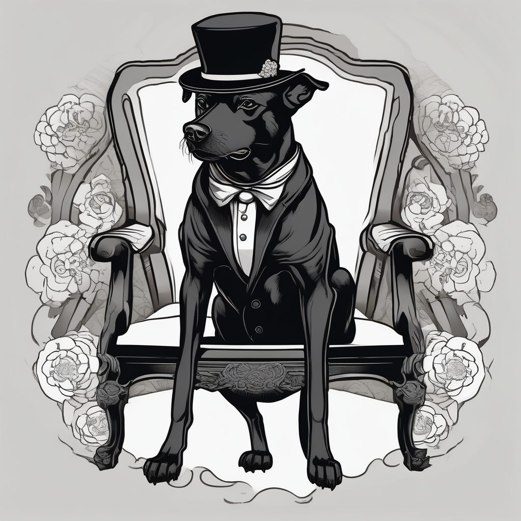 Black dog in a suit is sitting on a chair in a hat, diseño de tatuaje Japonés generado con IA