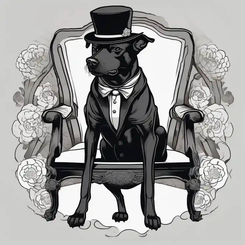 japanese style Ideas de tatuajes de silla en 2025 about Black dog in a suit is sitting on a chair in a hat and Black dog in a suit is sitting on a chair in a hat