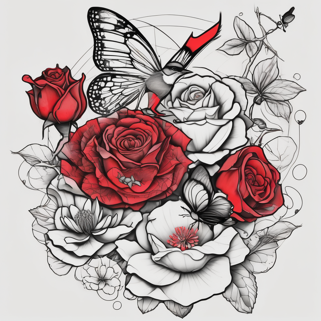roses, Libra lady, butterflies, lotus flower, cherry blossom flowers, a red cardinal cherry-blossom, AI-generated Sketch tattoo design