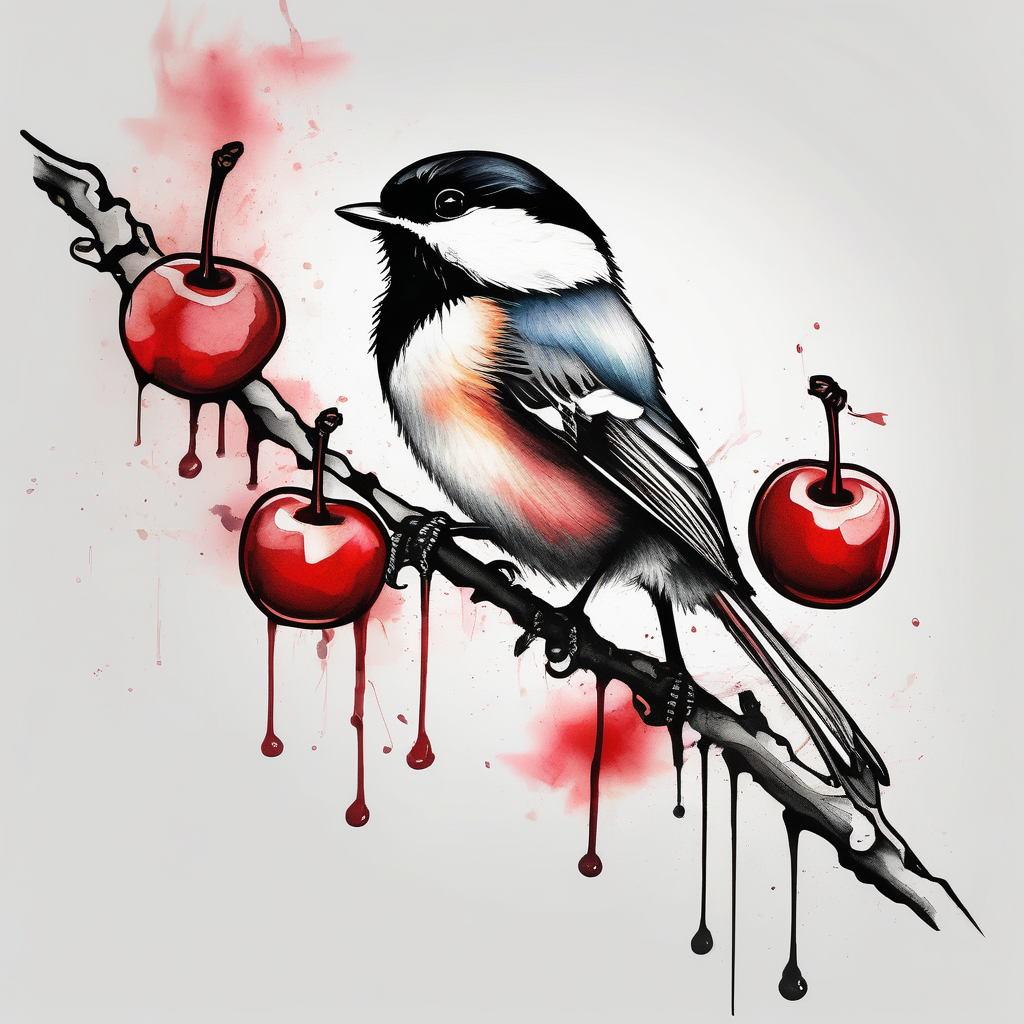 Chickadee on cherry branch cherry-blossom, diseño de tatuaje Acuarela generado con IA