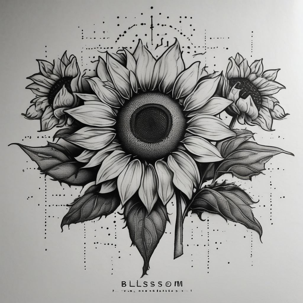 Sunflowers with “Blossom” written through it cherry-blossom, diseño de tatuaje Dotwork generado con IA