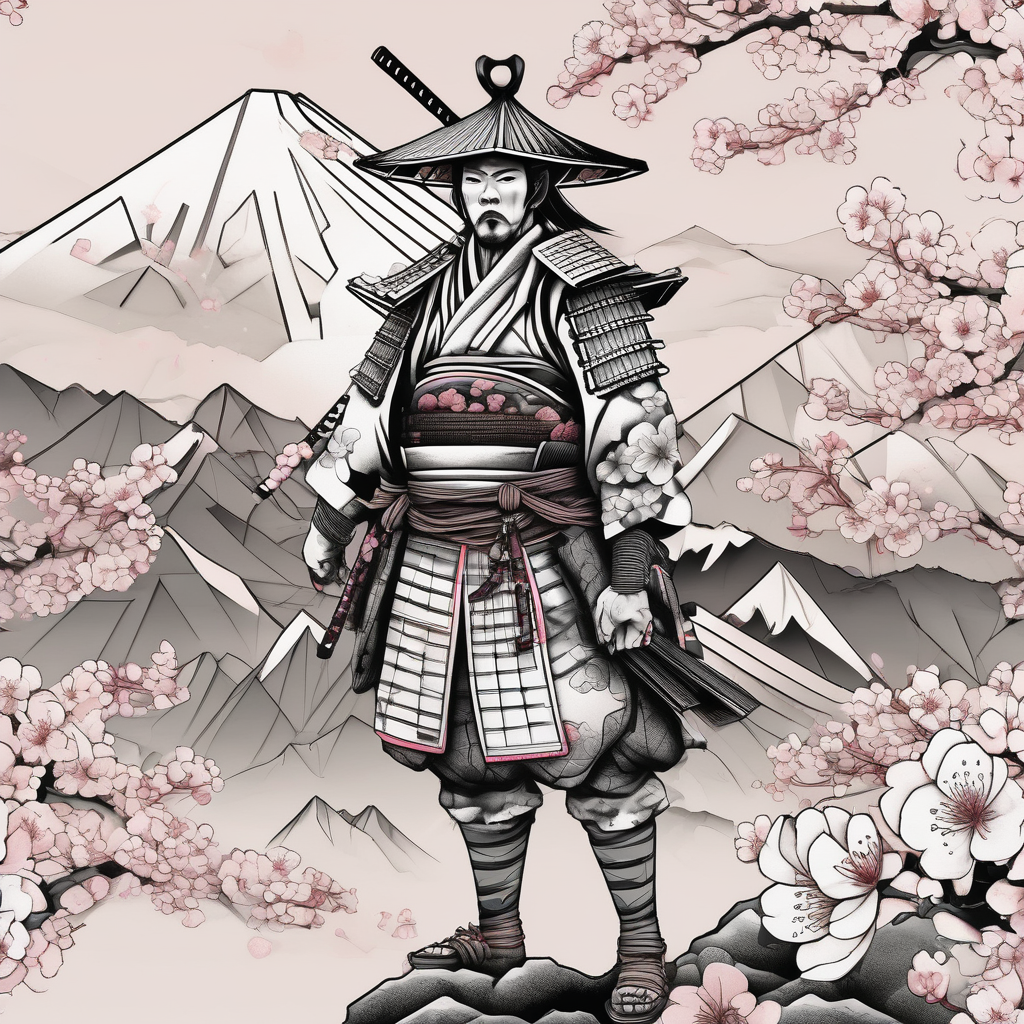 samurai standing at the base of a mountain in japan with cherry blossoms and japanese structures in the background cherry-blossom, diseño de tatuaje Geométrico generado con IA