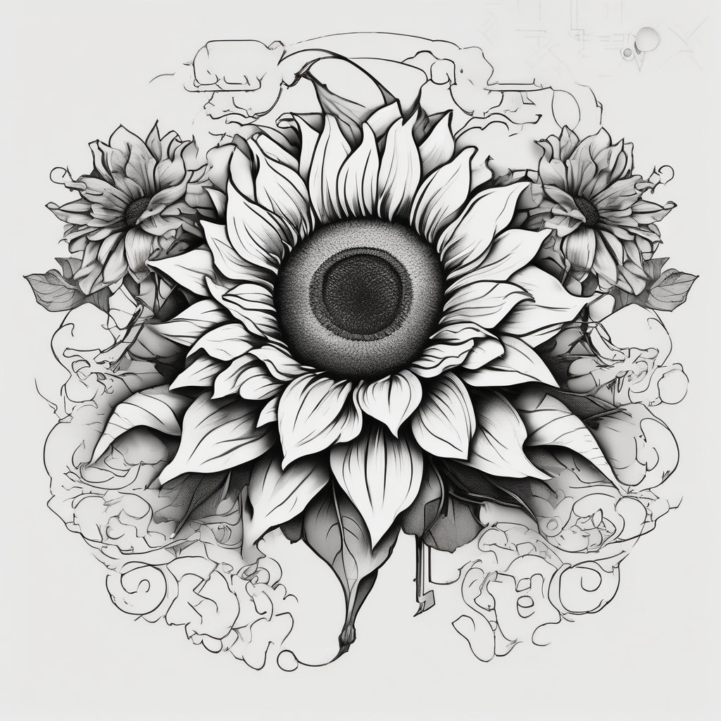 Sunflowers with “Blossom” written through it cherry-blossom, diseño de tatuaje Japonés generado con IA