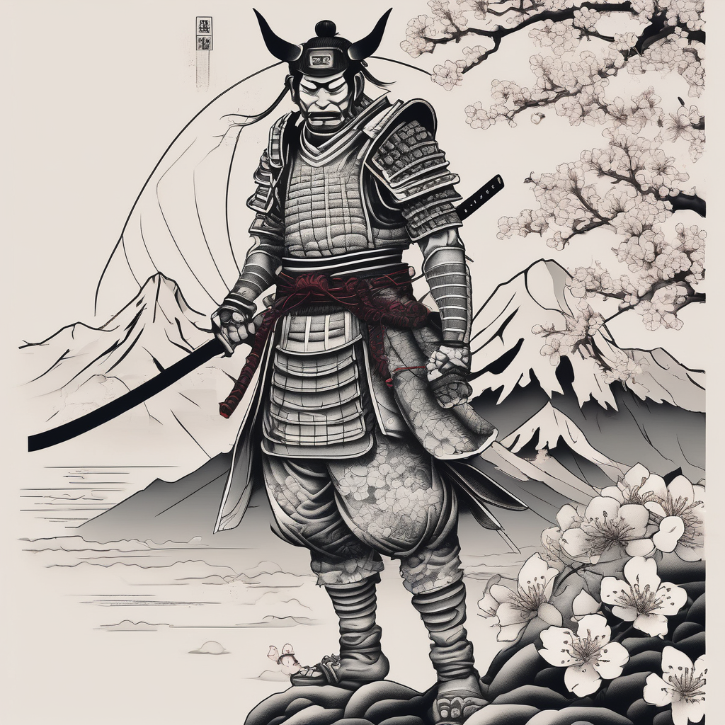 arm sleeve tattoo stencil of a samurai standing at the bottom of a mountain with cherry blossoms in the background, and japanese structures, also include an oni mask cherry-blossom, diseño de tatuaje Dotwork generado con IA