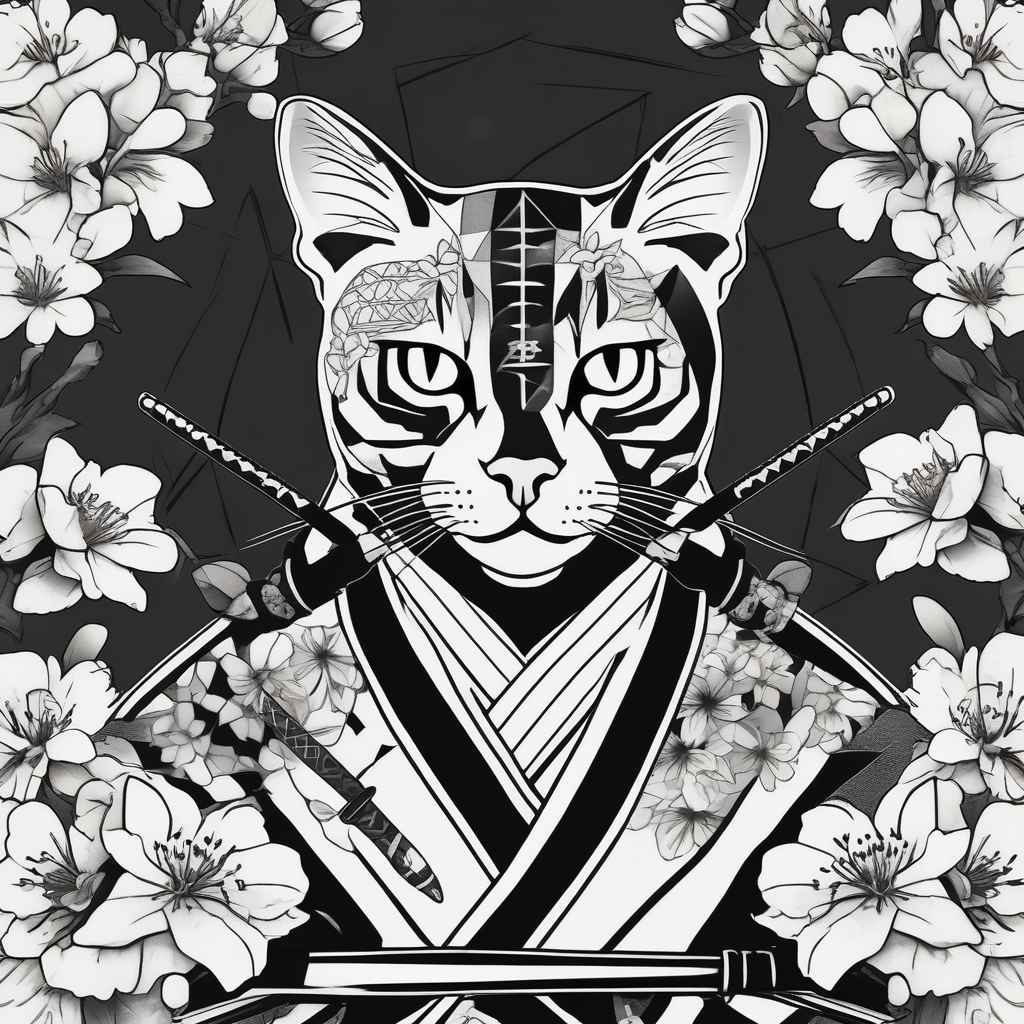 A bengal cat with a missing left eye , dressed as a Japanese samurai with katana swords and surrounded by cherry blossoms cherry-blossom, diseño de tatuaje Geométrico generado con IA
