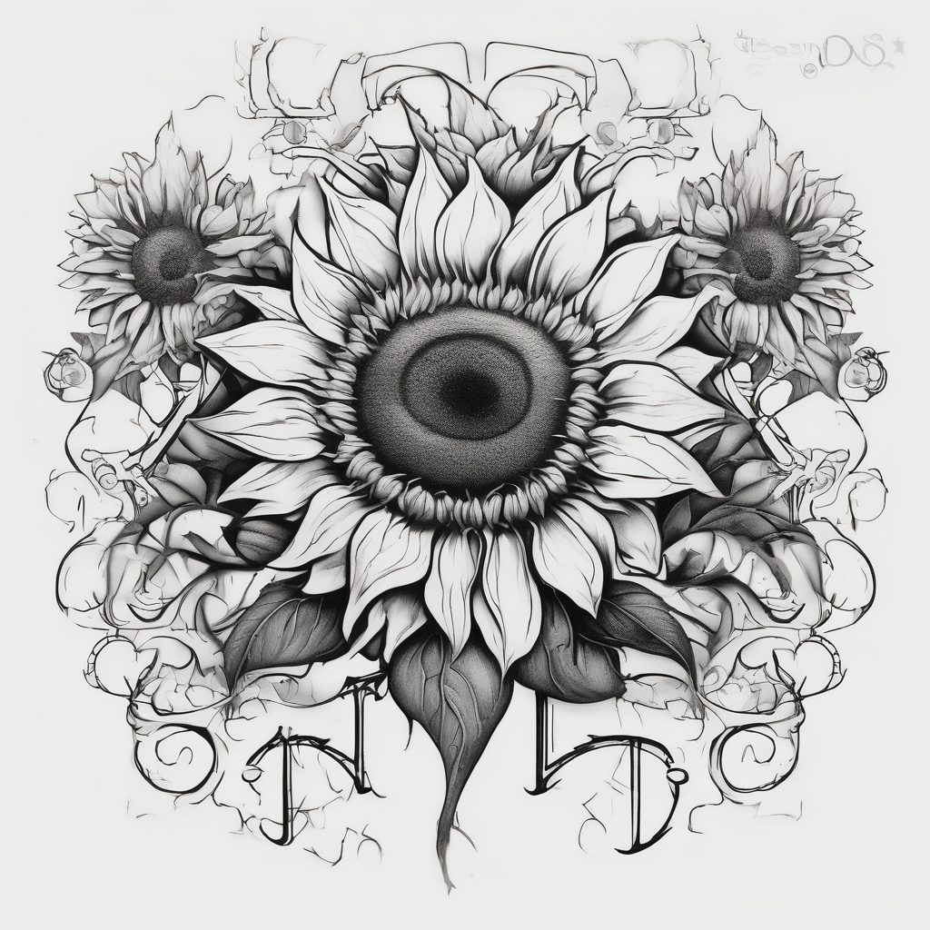 Sunflowers with “Blossom” written through the middle of them cherry-blossom, diseño de tatuaje Surrealista generado con IA