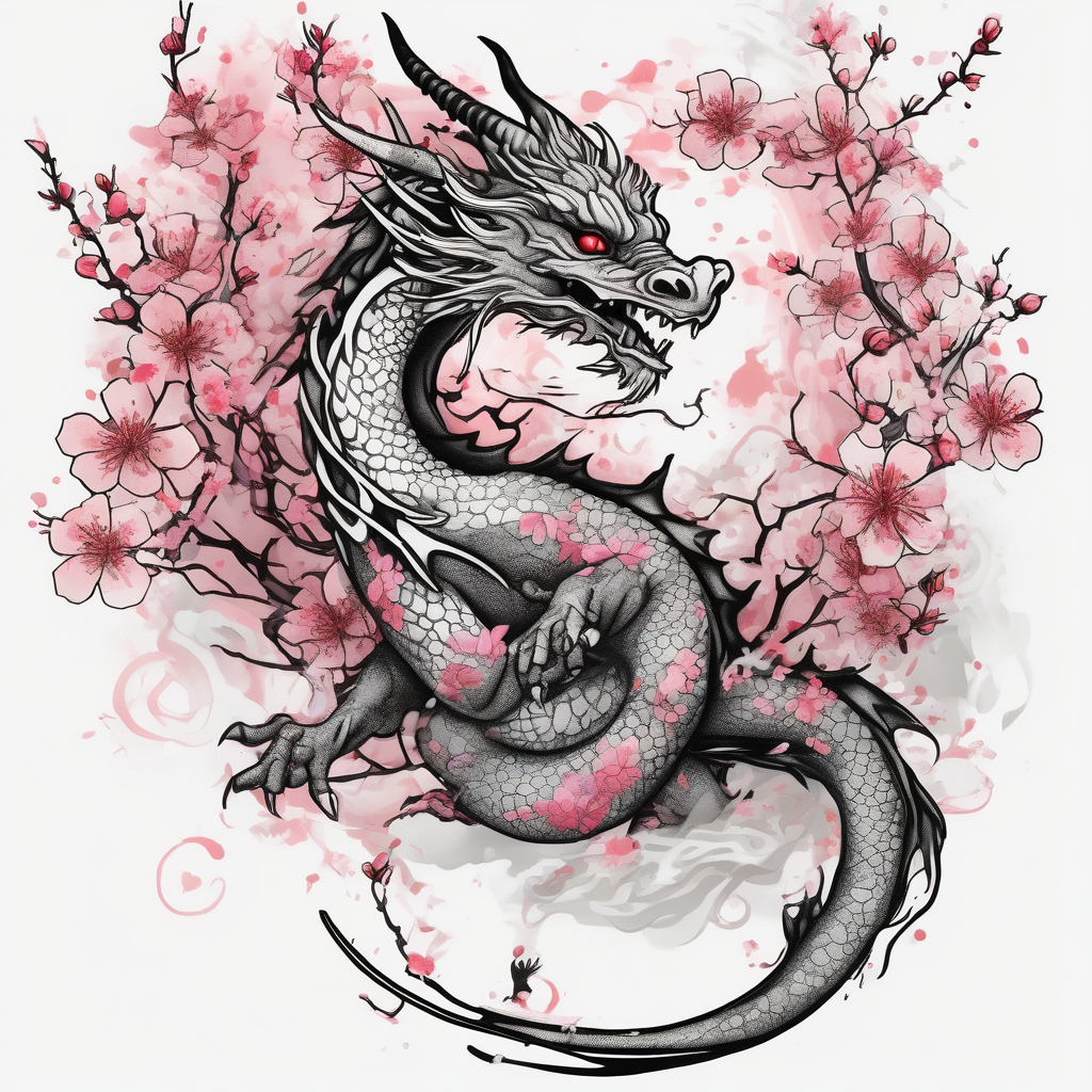 Feminine dragon w cherry blossoms cherry-blossom, diseño de tatuaje Acuarela generado con IA
