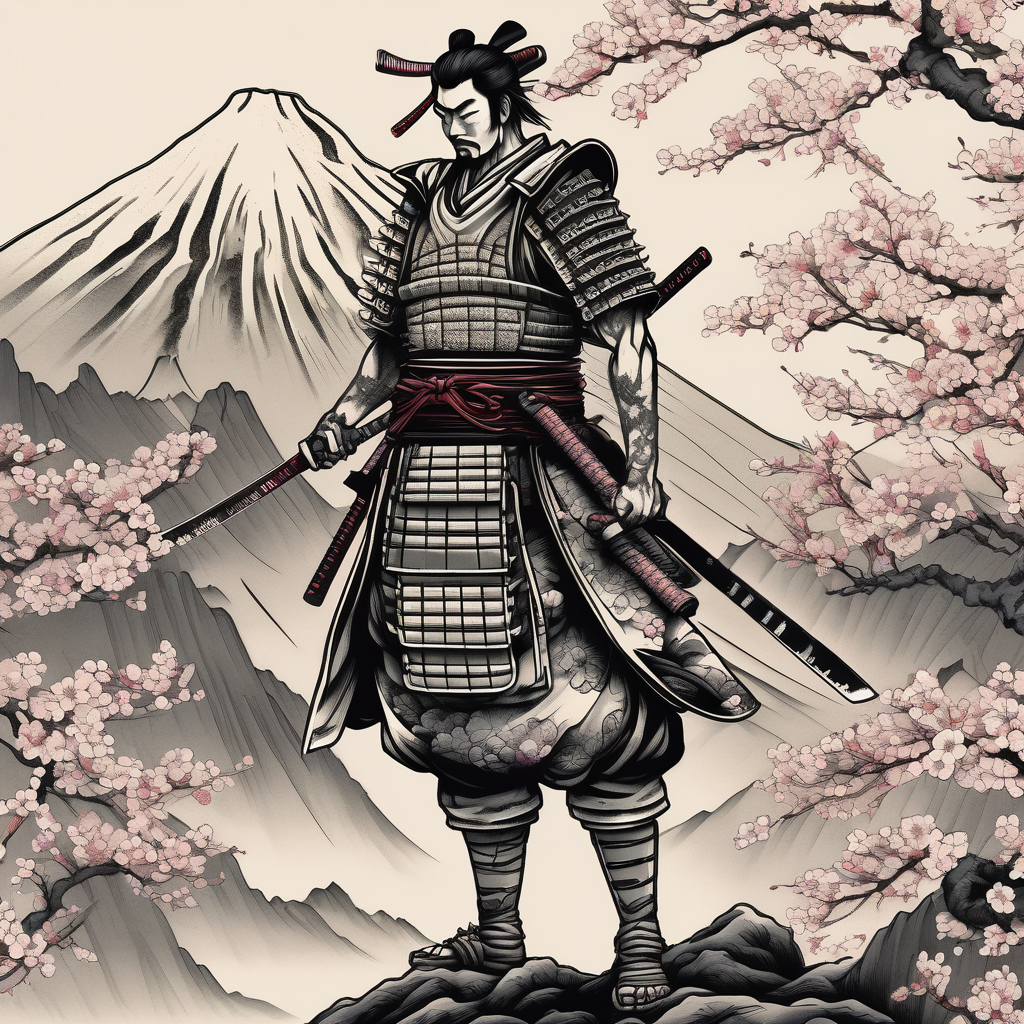 samurai standing at the base of a mountain in japan with cherry blossoms and japanese structures in the background cherry-blossom, diseño de tatuaje Blanco y negro generado con IA