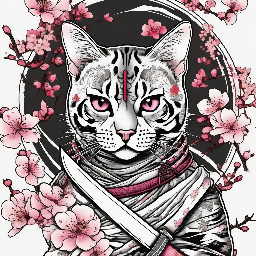 A bengal cat with a missing left eye , dressed as a Japanese samurai with katana swords and surrounded by cherry blossoms cherry-blossom, diseño de tatuaje Boceto generado con IA