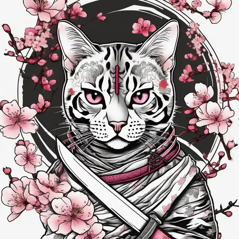 A bengal cat with a missing left eye , dressed as a Japanese samurai with katana swords and surrounded by cherry blossoms cherry-blossom