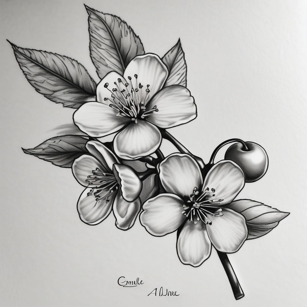 small cherry blossom with name anne and emile cherry-blossom, diseño de tatuaje Realista generado con IA